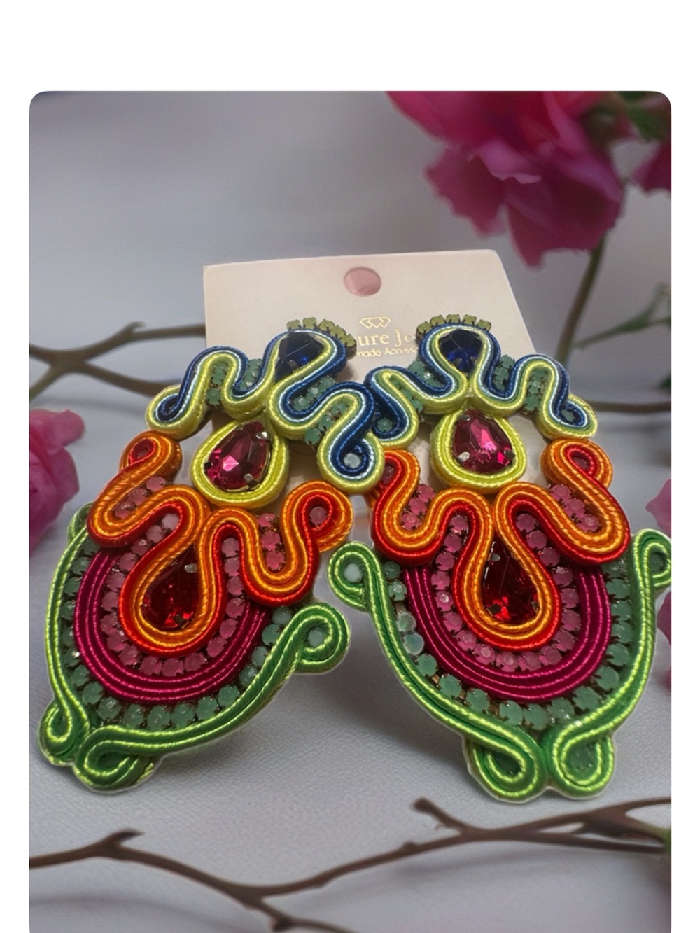 Vibrant Multicolor Soutache Drop Earrings - Green, Pink, Orange & Blue